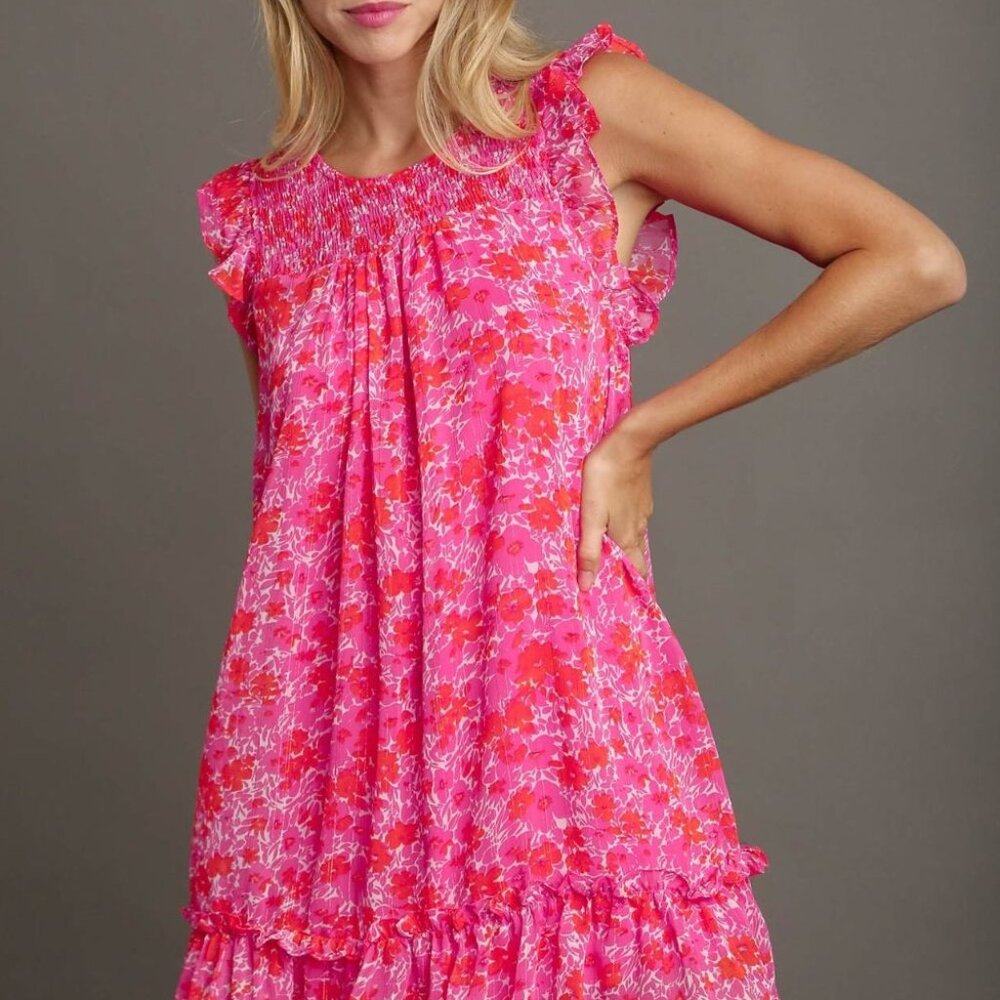 Umgee Full Size Smocked Detail Floral Metallic Ruffle Cap Sleeve- NEW WITH TAGS!